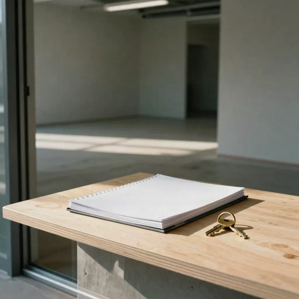 Empty retail bay with lease binder, brass key ring, and threshold sample in late-afternoon light.