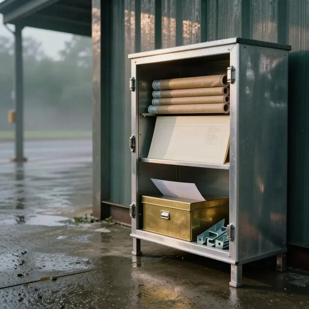 Rainy sign permit materials beside a raw aluminum storefront sign cabinet in a moody loading bay.