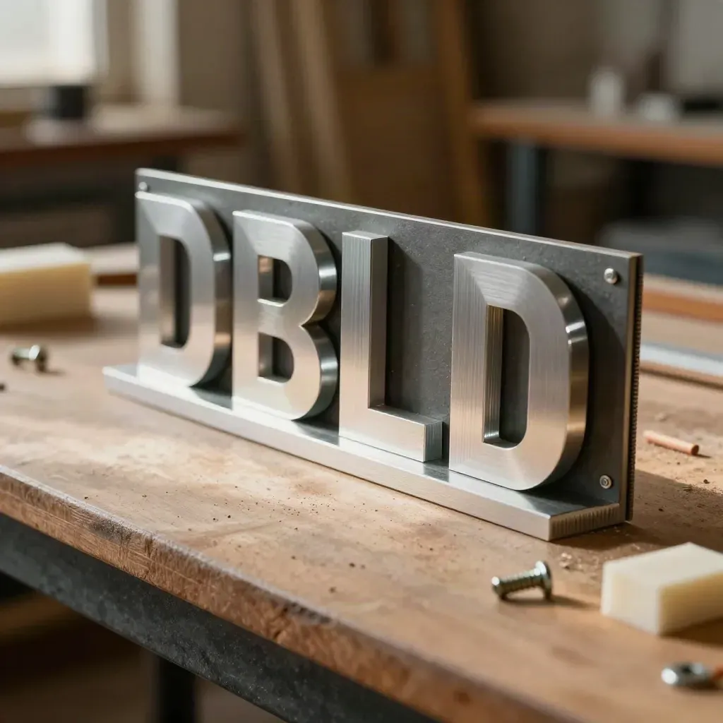 Sign letters, bracket, sleeve, and spacers lined up on a warm shop bench