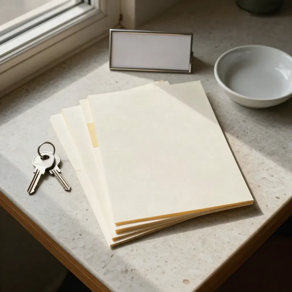 Overhead lease packet, storefront keys, tiny sign panel and catch dish on a travertine desk
