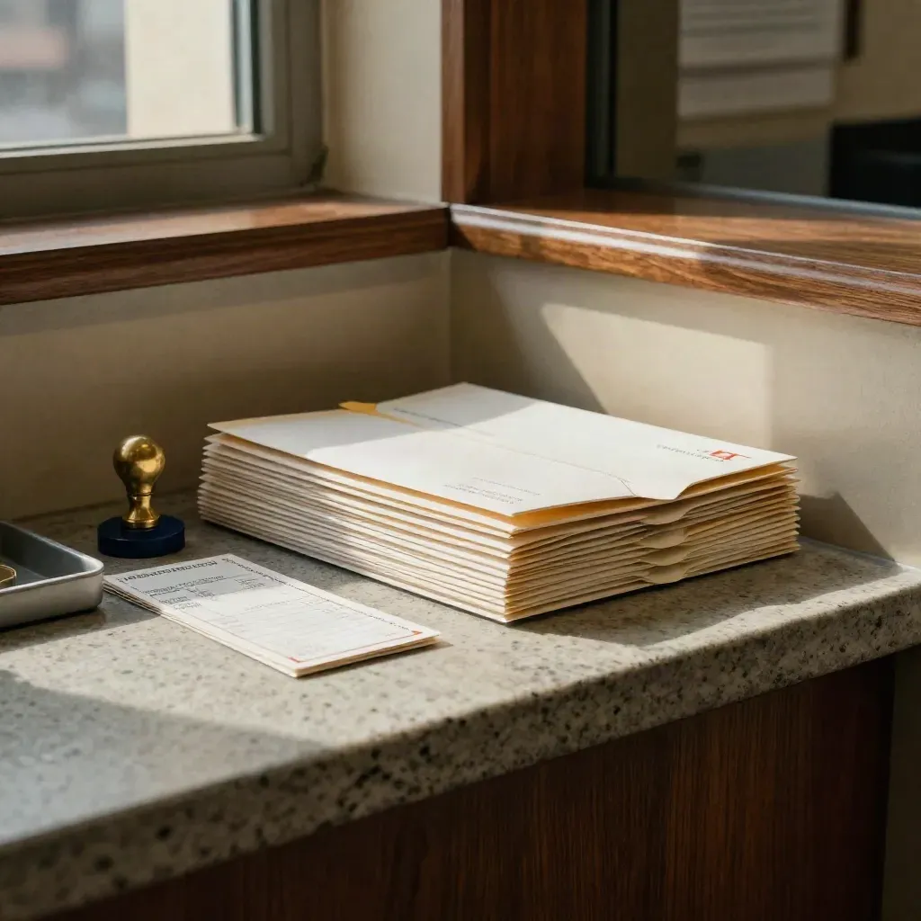 Permit envelopes, coin tray, postage slips, and a brass seal on a stone counter in warm office light.