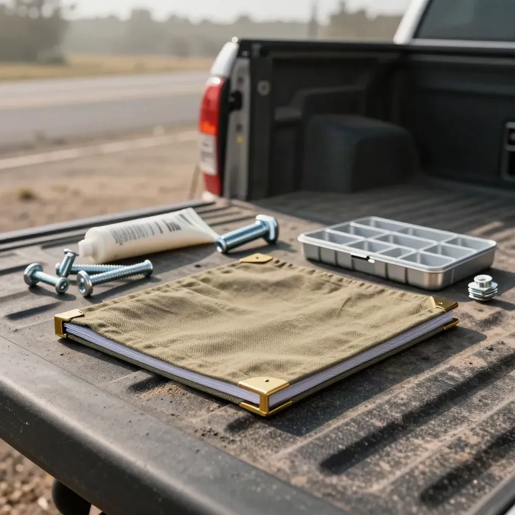 Project terms folio and install hardware staged on a pickup tailgate in cool morning light