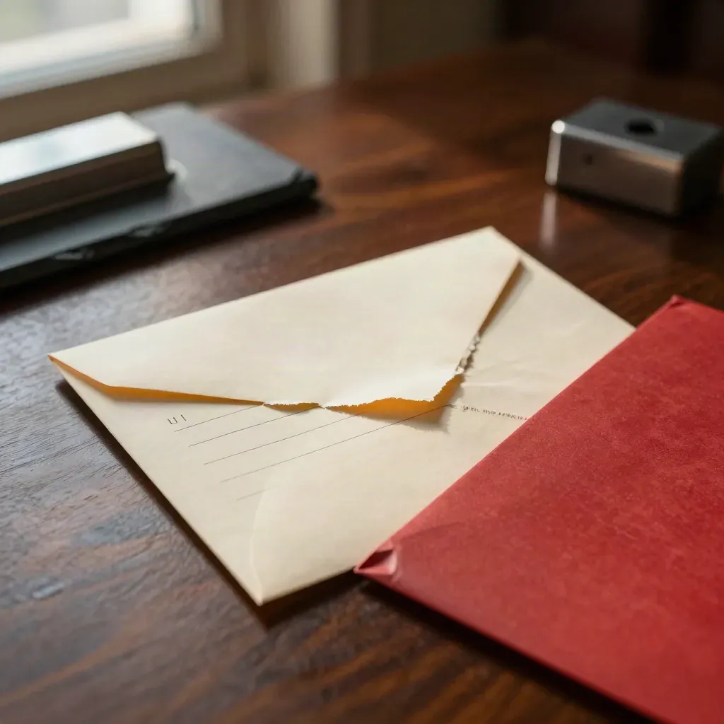 Opened notice envelope, folded response packet, and red file folder on a dark office table