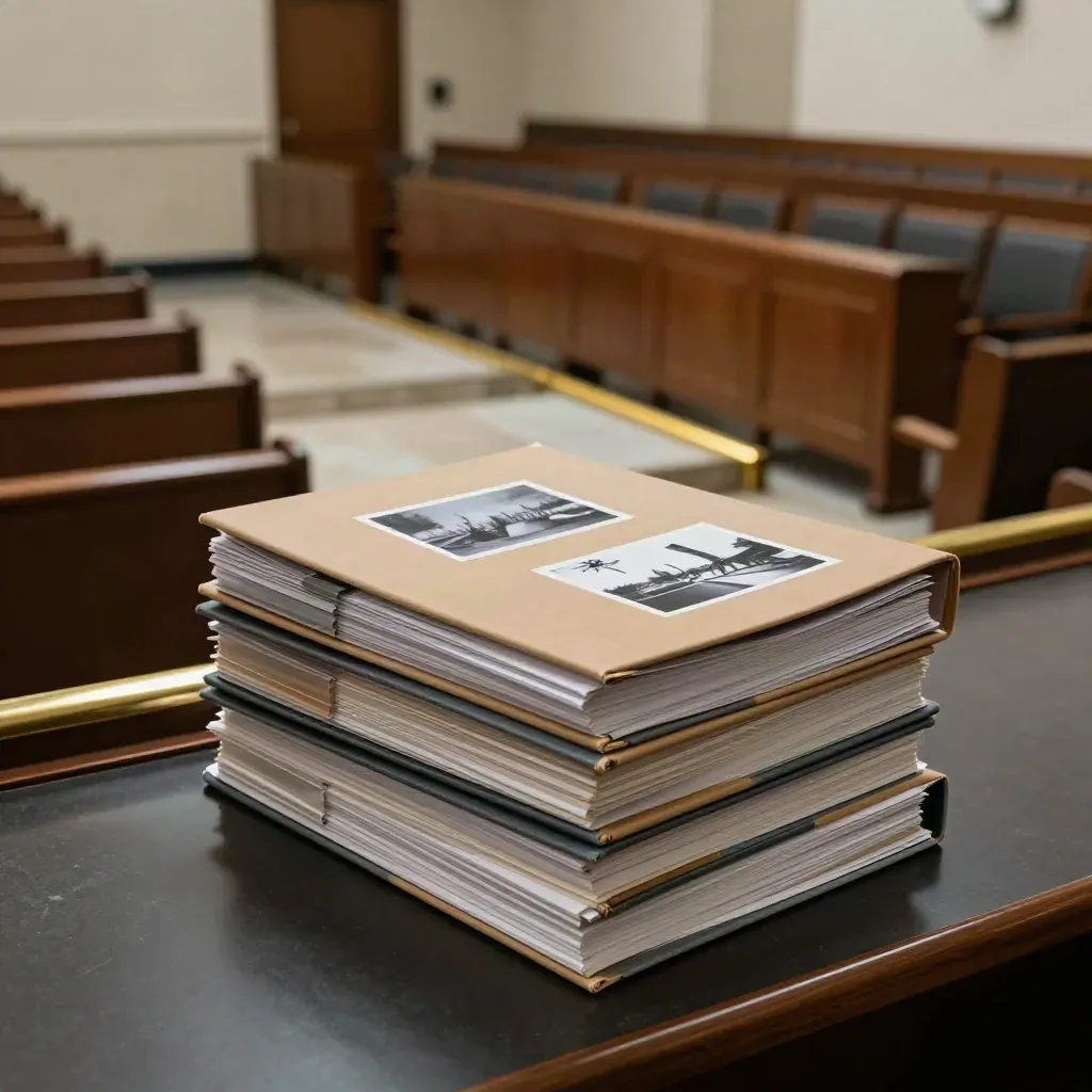 Empty hearing chamber with exhibit binders on the witness table and curved benches