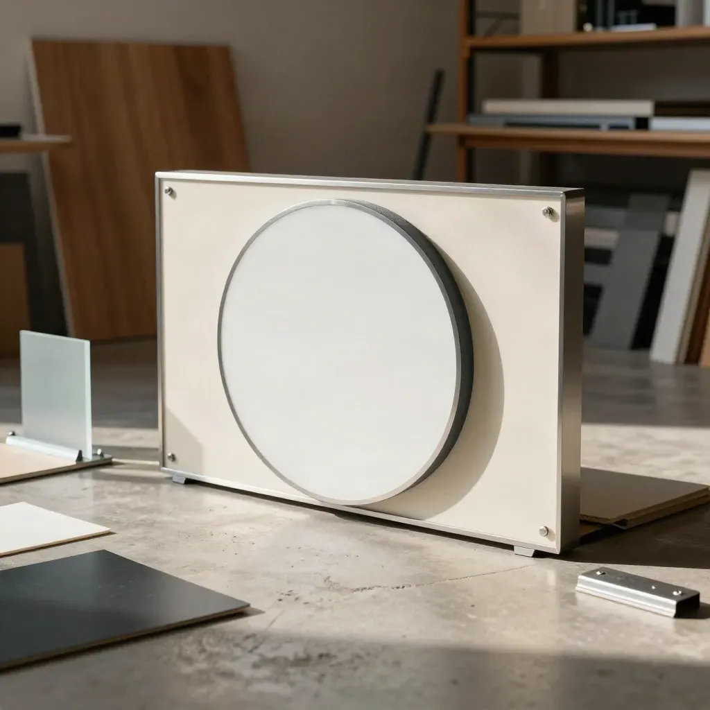 Two opposing sign mockups in a hazy studio, circular mark in front of a rectangular shop panel.