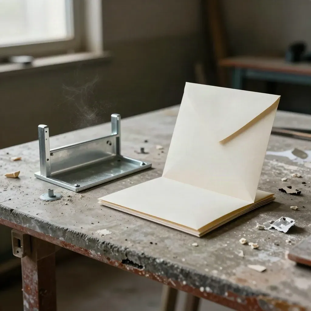De-mounted sign bracket and unopened appeal packet on a concrete worktable in dusty late-day light.