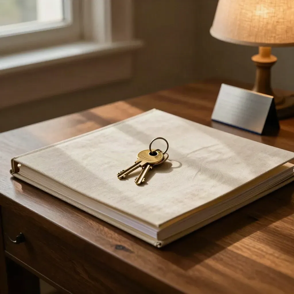 Lease binder, storefront keys, and sign sample on a walnut desk under warm lamp light.