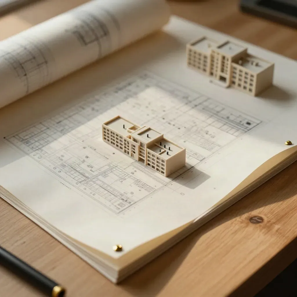 Overhead site plans, clear overlays and a small building model on a warm drafting table.
