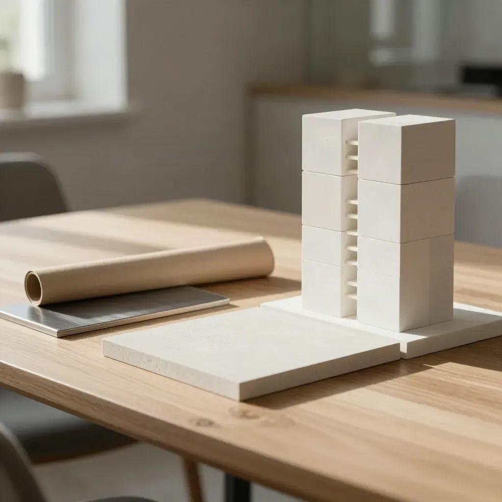 Low-angle conference table with massing blocks, permit tubes and facade samples for sign approvals.