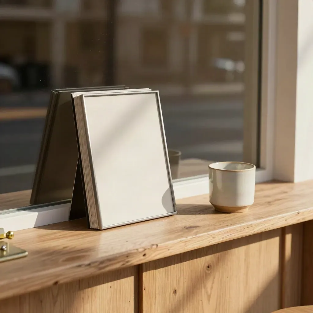 Sunlit blade-sign mockup, wrapped panels, and ceramic cup on a neighborhood counter.