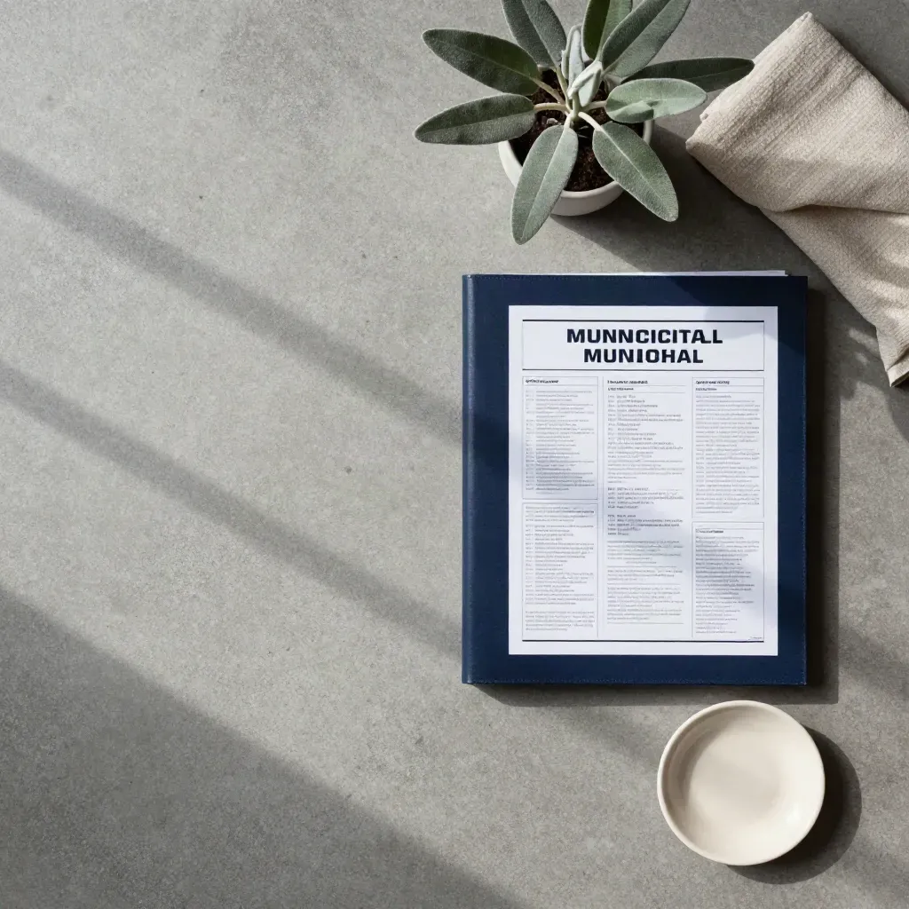 Overhead zoning binder with plant, cloth and ceramic dish on concrete