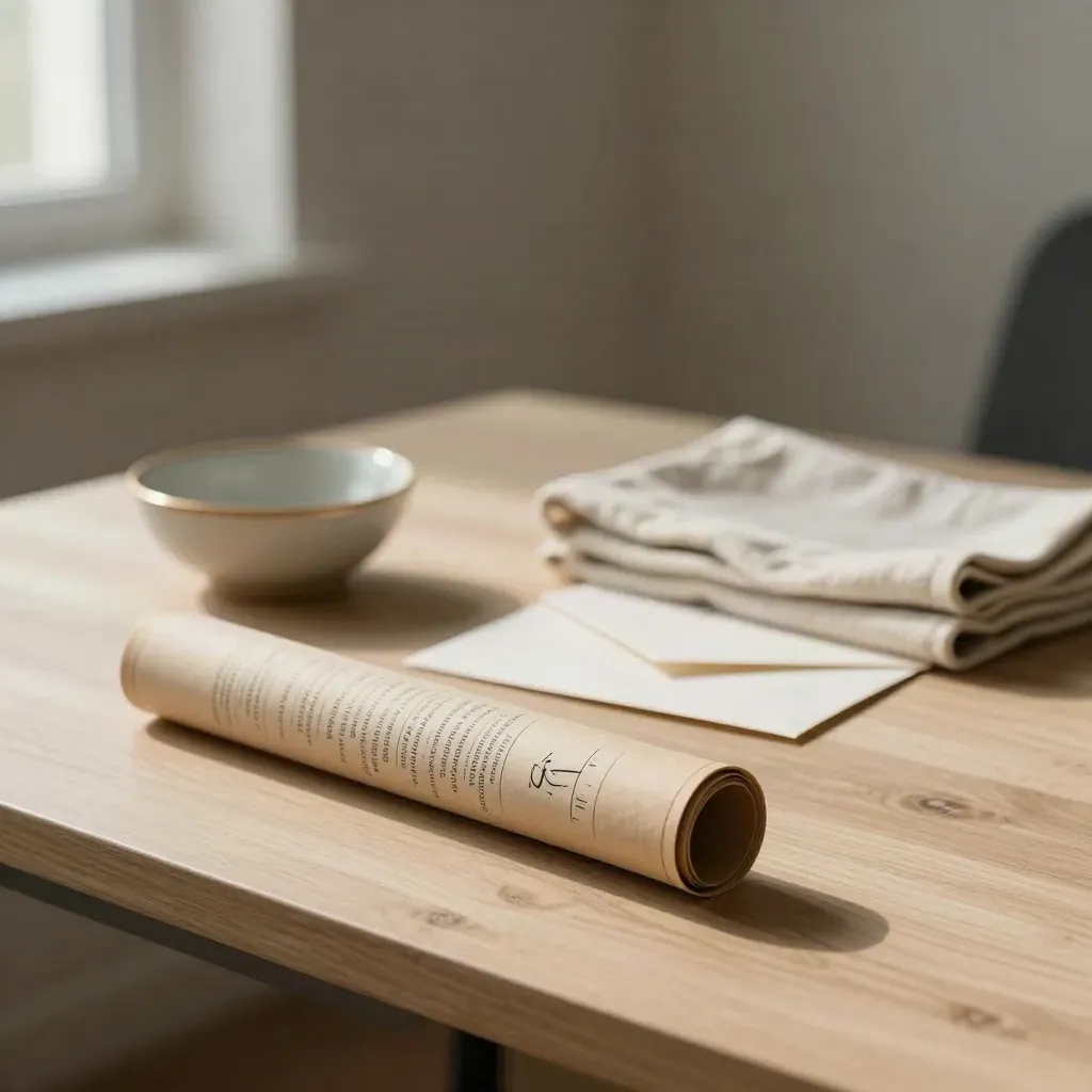 Permit drawings in a kraft tube with envelope, linen cloth and ceramic bowl on pale wood.