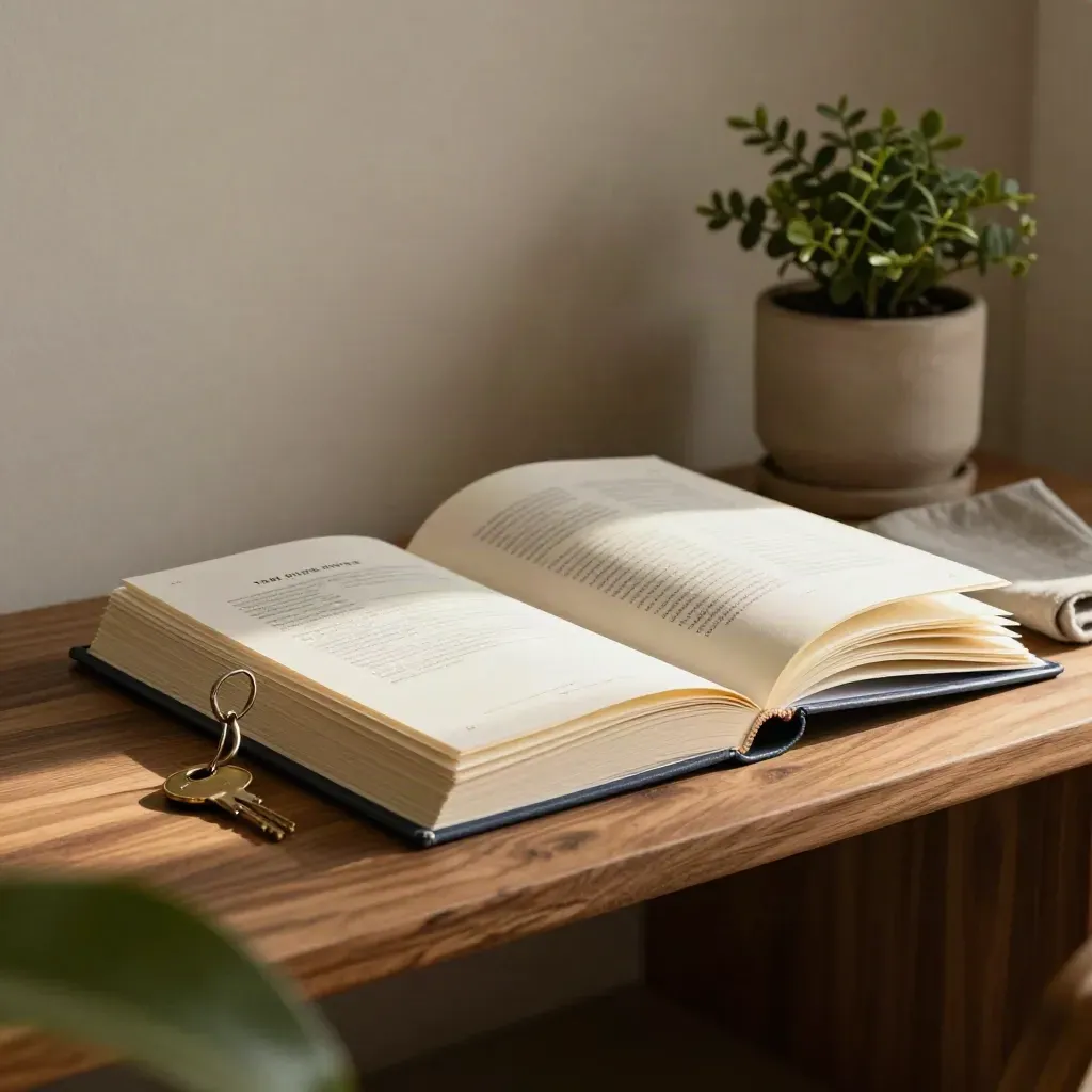 Lease binder with brass key ring, plant and folded cloth on a walnut shelf in soft morning light.