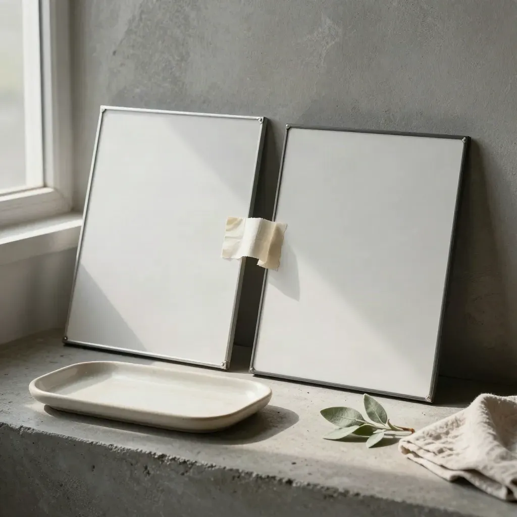 Two overlapping blank sign faces on a ceramic tray with cloth and greenery.