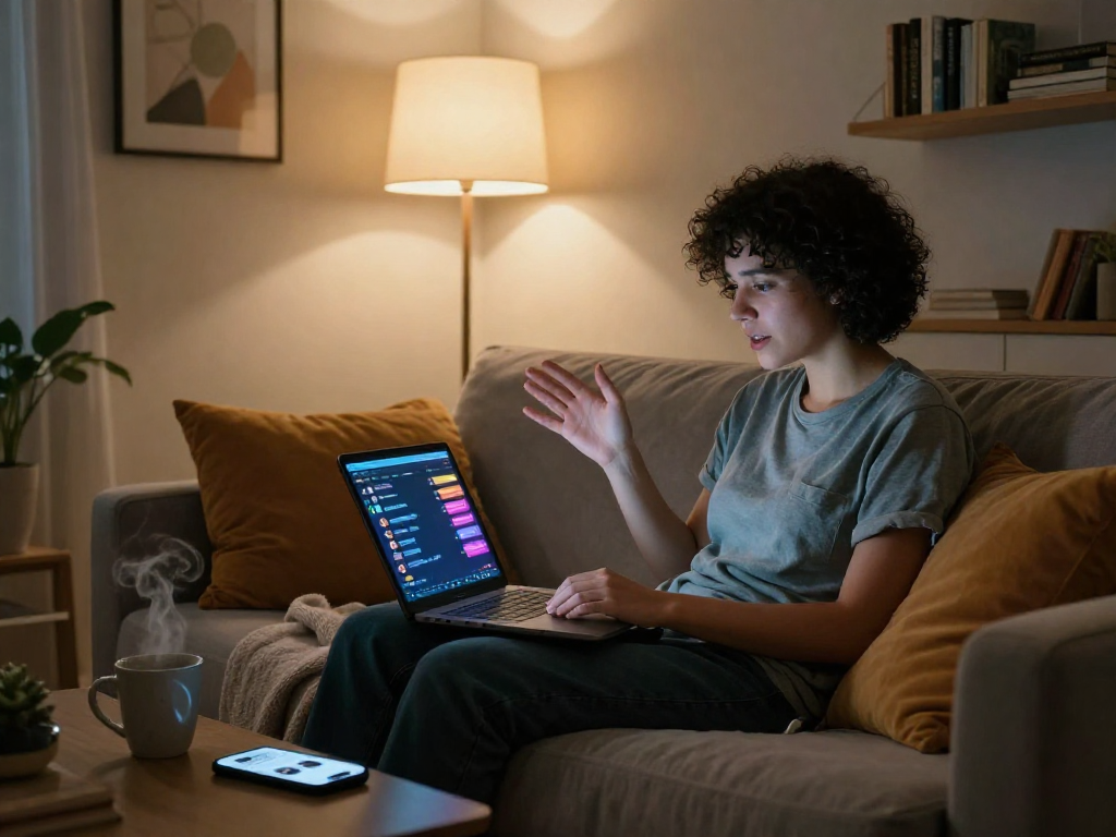Engaging in an nsfw chat on a laptop in a cozy home environment, showcasing digital communication.