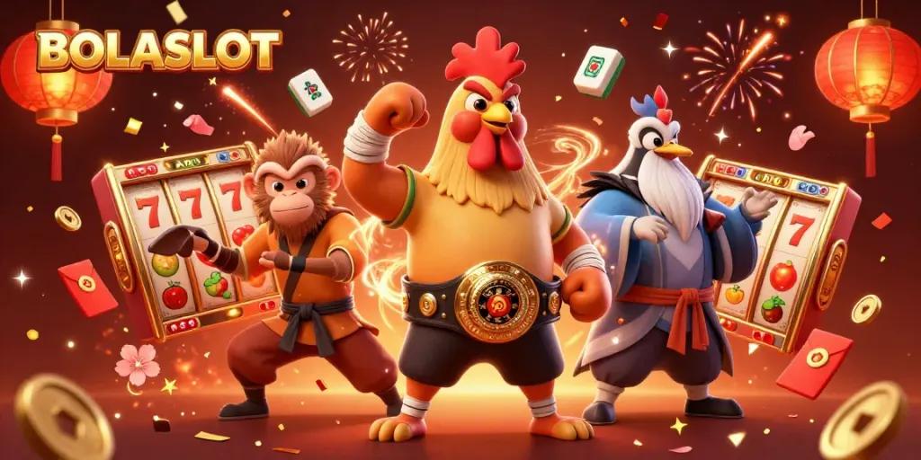 Experience exhilarating gaming at BOLASLOT with vibrant slot action and winning potential in this dynamic illustration.