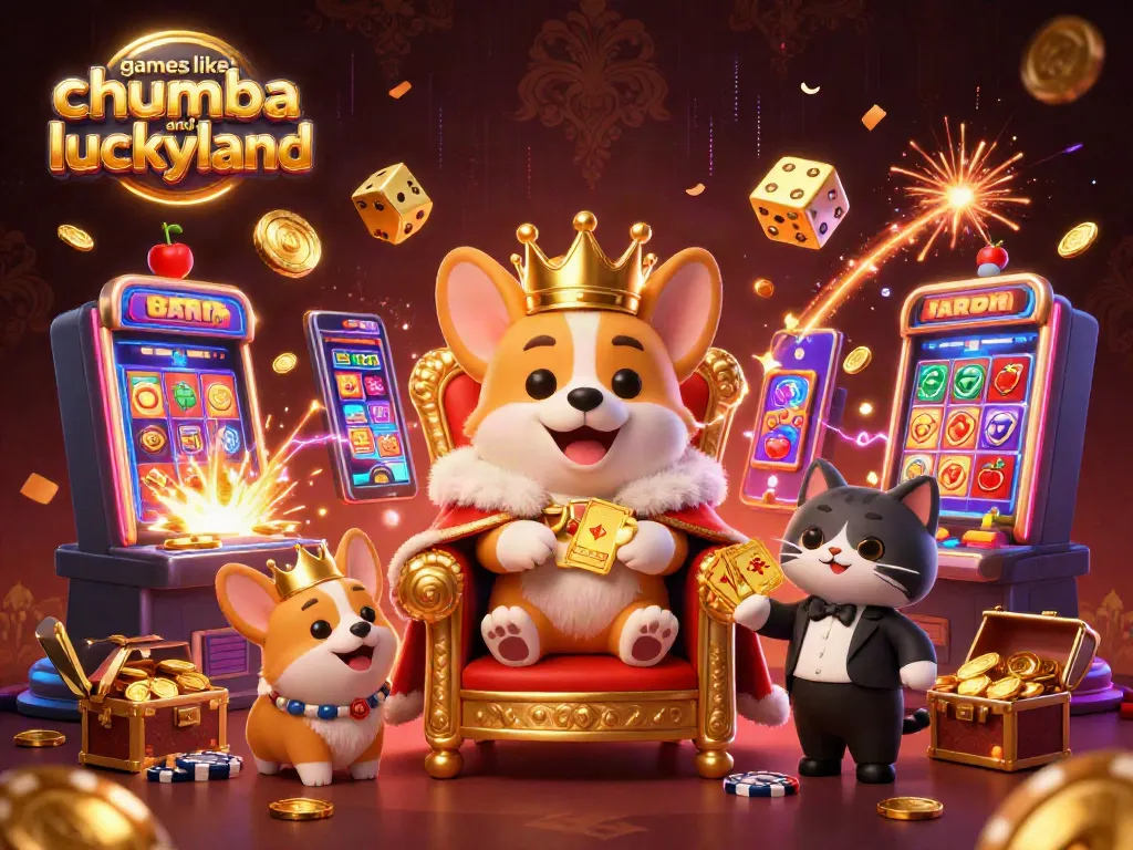 Play thrilling games like chumba and luckyland with a 3D cartoon royal corgi in a vibrant casino setting.