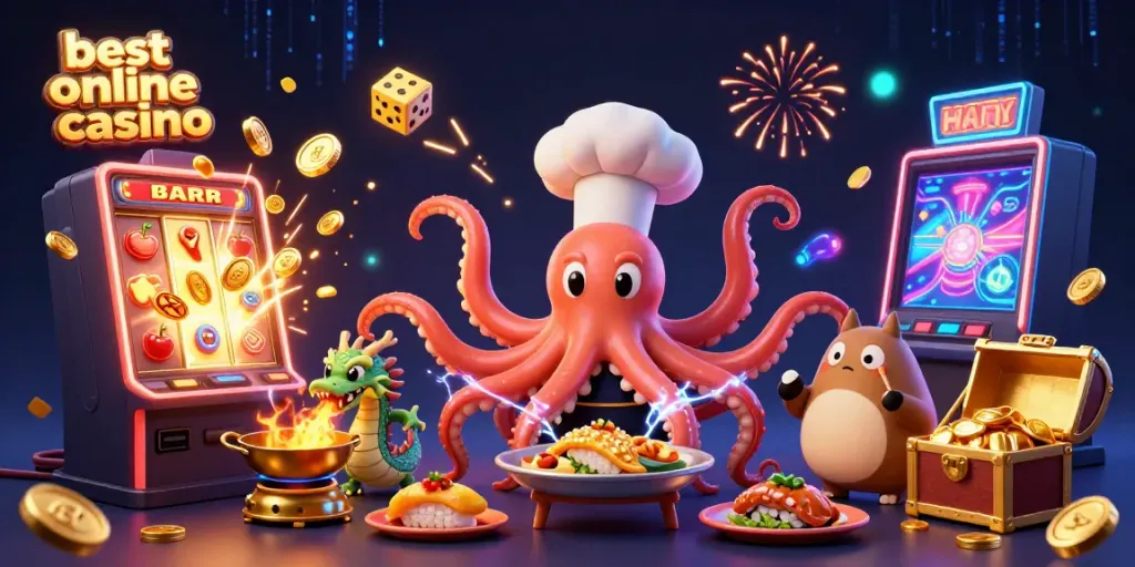 Experience the thrill at the best online casino with an explosive 3D scene of a sushi chef octopus and friends.
