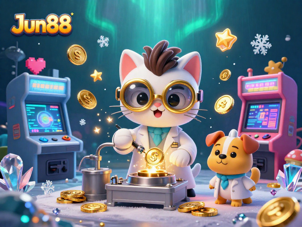 Engage in thrilling gameplay with Jun88's vibrant casino experience featuring cartoon characters in a gold-coin lab.