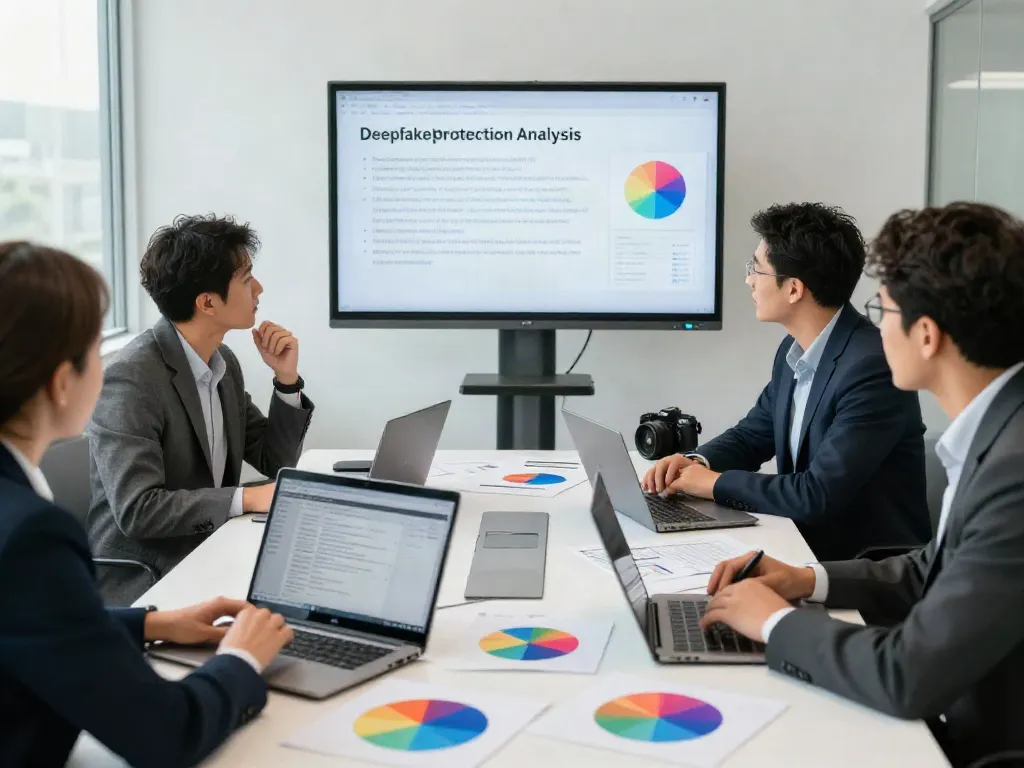 Deepfake protected meetings with a team collaborating on cybersecurity strategies in a bright office.