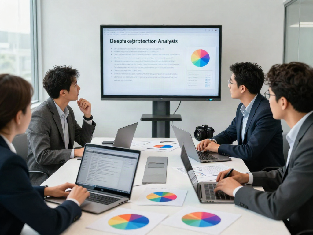 Deepfake protected meetings with a team collaborating on cybersecurity strategies in a bright office.