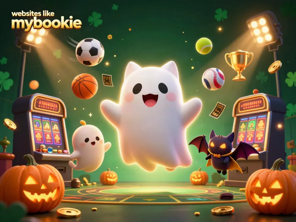 Betting and winning at websites like mybookie illustrated by a friendly ghost cat and colorful dynamic elements.