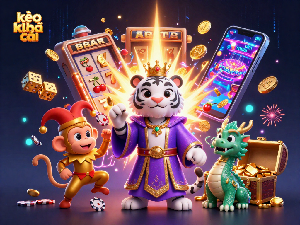 Engage with kèo nhà cái through vibrant 3D casino-themed illustration featuring a white tiger, monkey, and jade dragon.