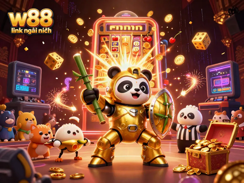 Engage with exciting gaming action at w88 link mới nhất featuring 3D mech-suit characters and slot machines.