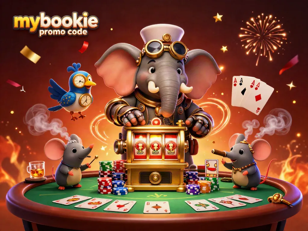 Spin to win using the mybookie promo code while enjoying a vibrant casino-themed adventure.