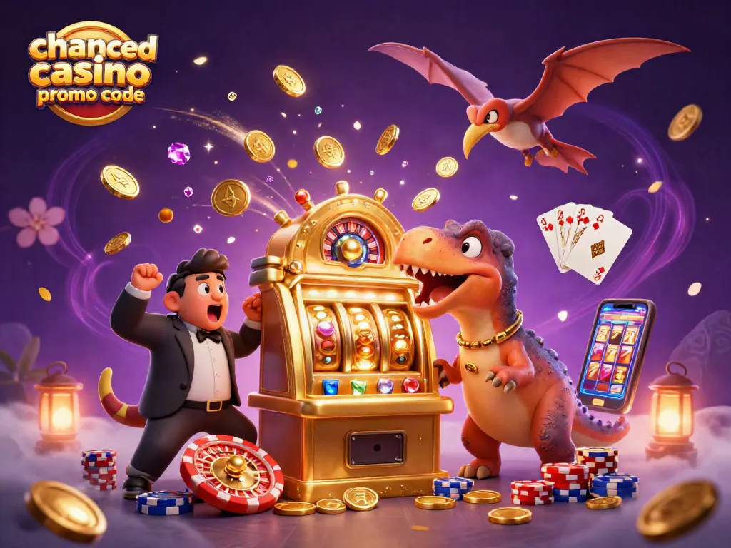 Chanced casino promo code artwork showcasing colorful characters and casino games with gold coins in action.