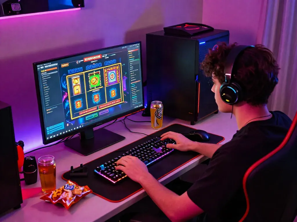 Engaged gamer enjoying slot gacor experience on high-resolution monitor in vibrant gaming setup.