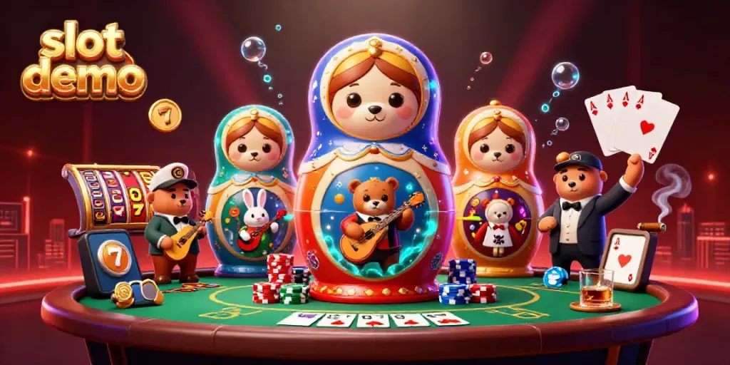 Menyaksikan slot demo dengan karakter beruang Matryoshka bermain di kasino yang cerah