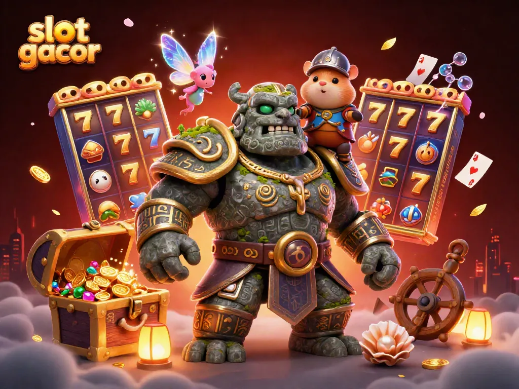 Ilustrasi casino slot gacor menampilkan golem kuno, peri, dan kesatria hamster dalam dunia gemerlap.