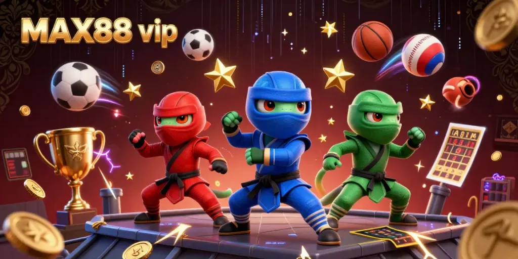 Engage with MAX88 vip in an ultra-detailed 3D gaming illustration featuring dynamic sports elements.
