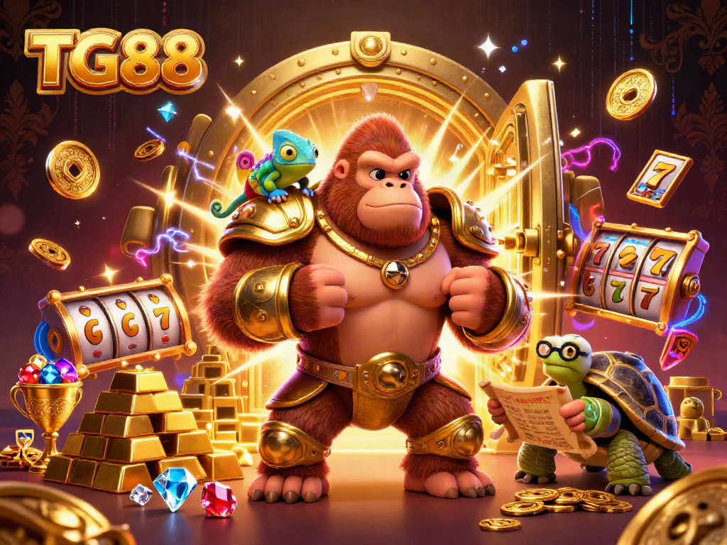 Engage with TG88's thrilling online casino scene featuring a gorilla king and colorful slot elements.