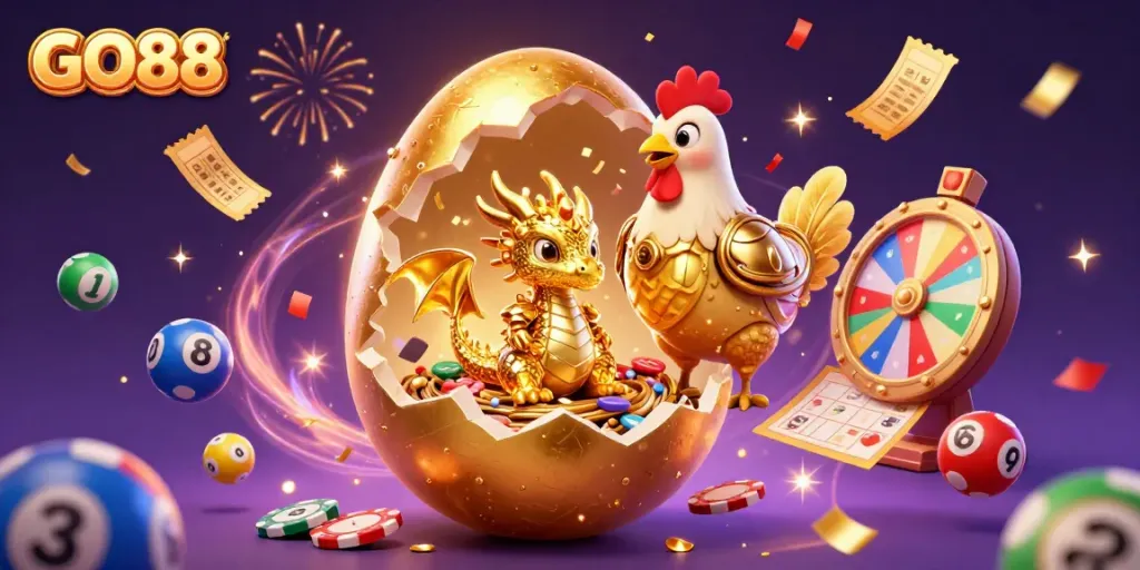 Experience the thrill at GO88 with a mesmerizing golden dragon and vibrant lottery elements.