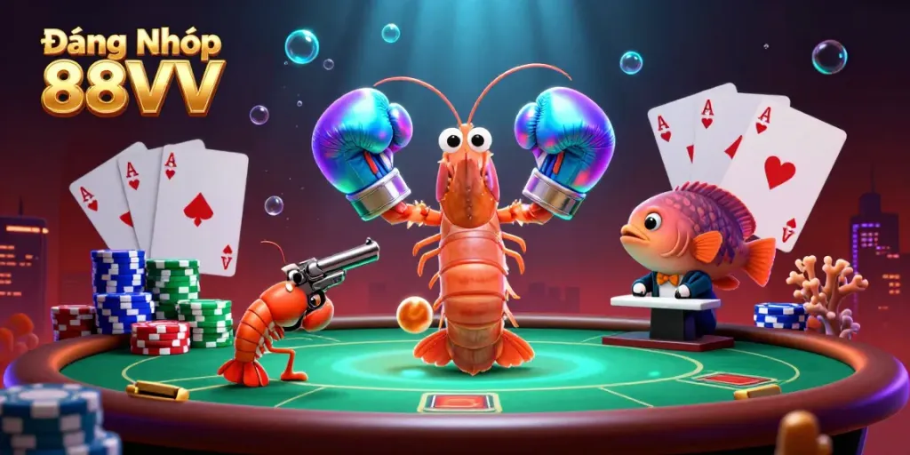 Engage with Đăng Nhập 88VV through a vibrant 3D illustration showcasing a competitive casino atmosphere