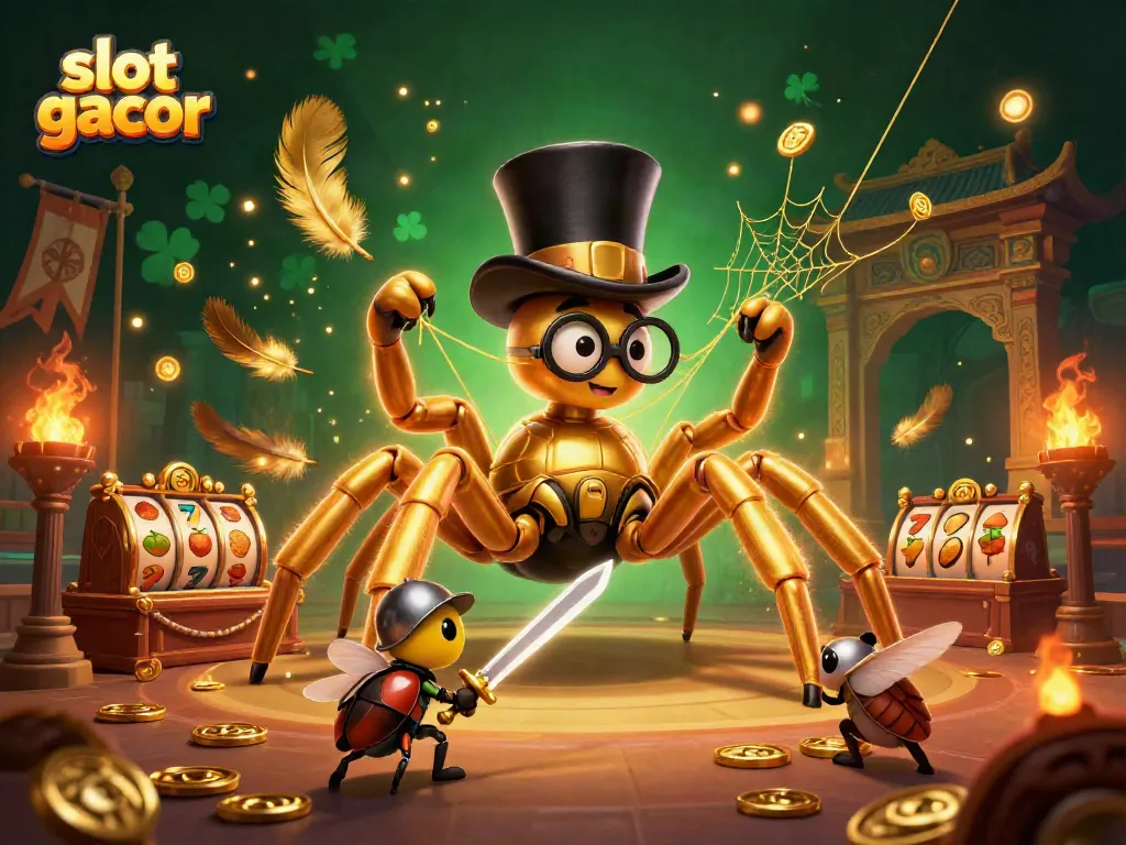Engage in slot gacor with a dynamic scene featuring a golden tarantula, a beetle knight, and vibrant casino elements.
