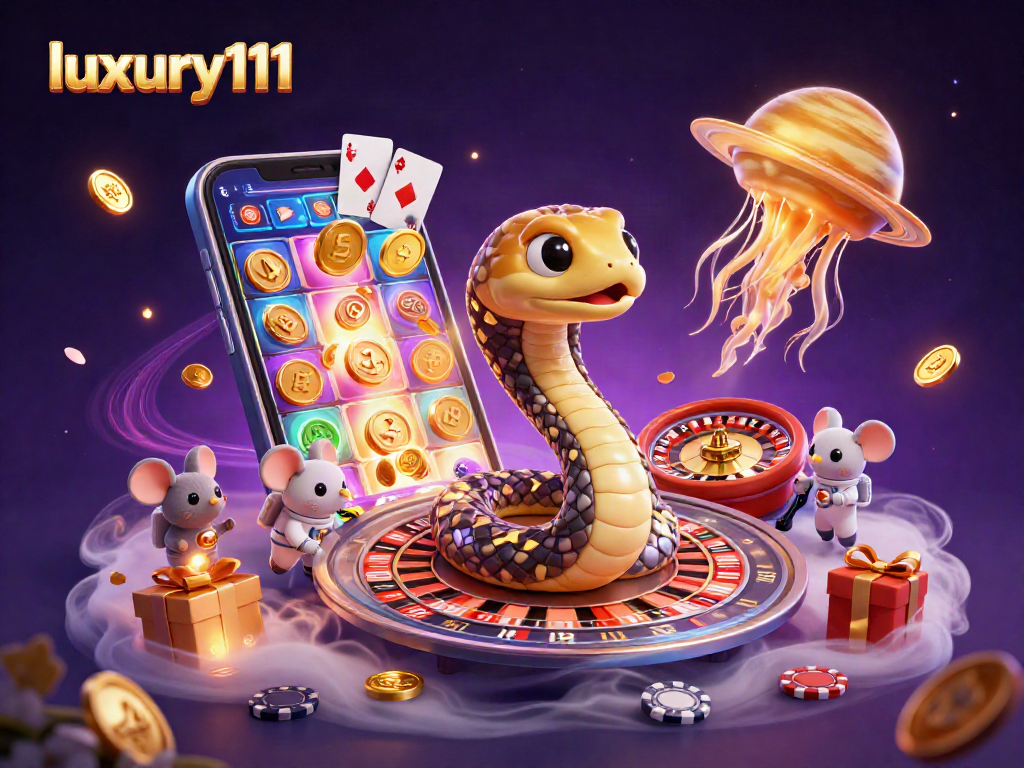 Experience the excitement of luxury111 with a vibrant 3D casino scene featuring cosmic characters and gaming elements.