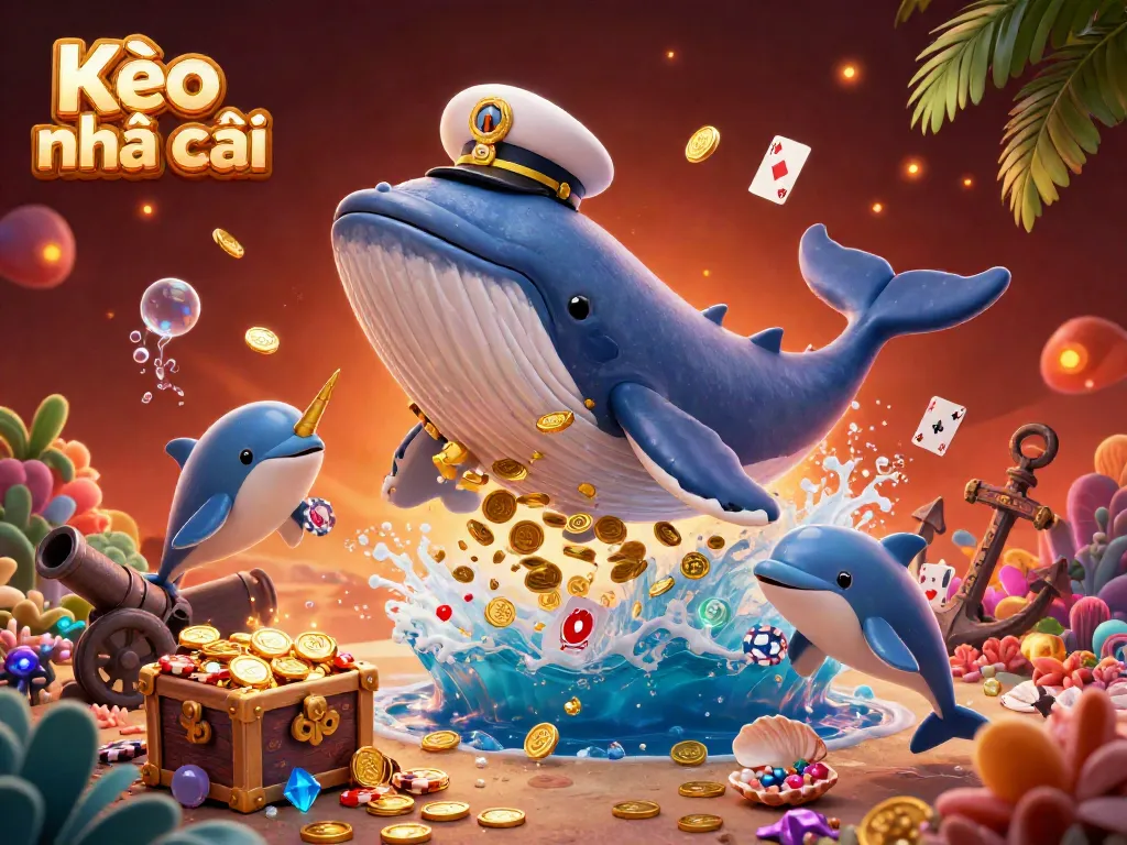 Win at Kèo nhà cái with a fun-filled scene featuring a whale, narwhal, and playful dolphins among coins and cards.