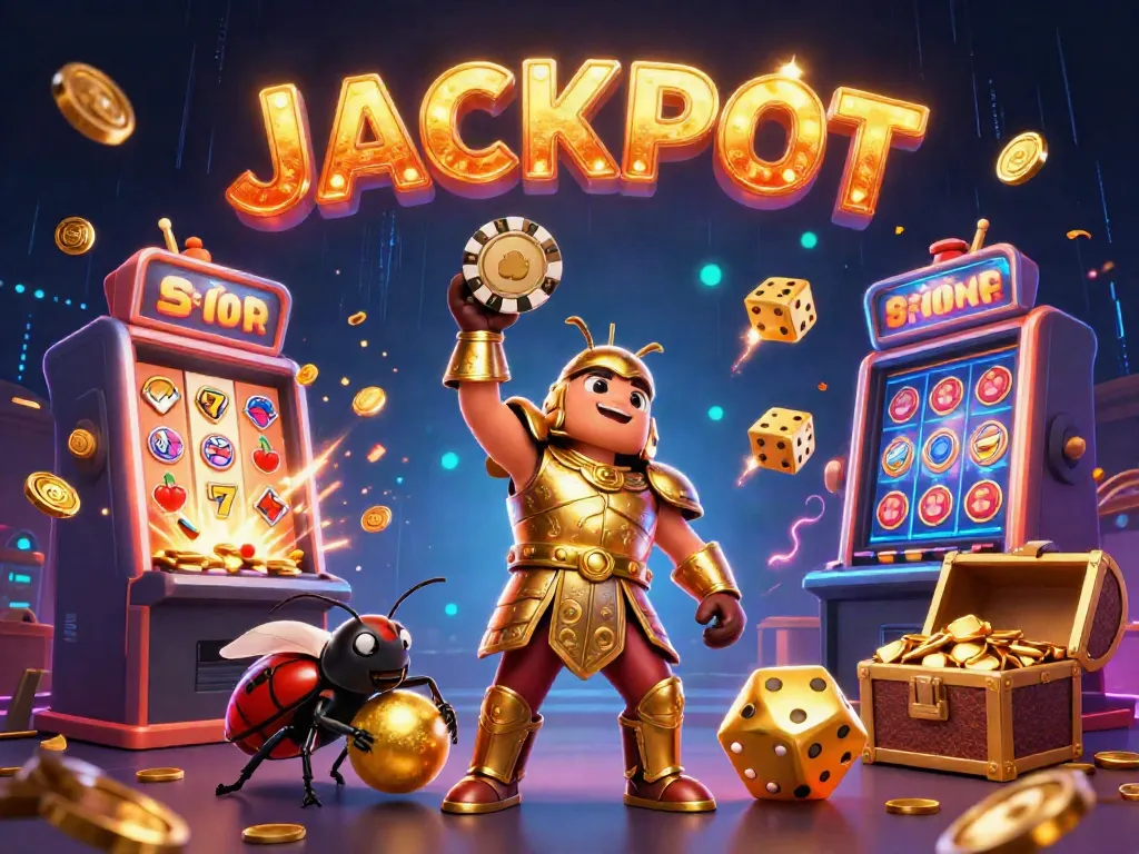 Mainkan slot dengan kegembiraan, melihat karakter menarik di kasino yang penuh cahaya dan koin yang berhamburan.