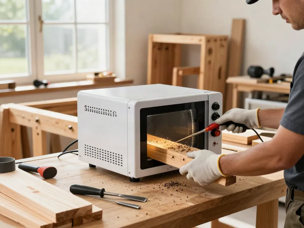 Shashel® microwave device effectively eliminating wood-boring insects in a bright workshop.