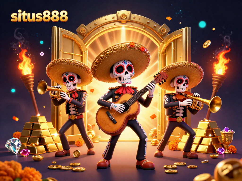 Experience thrilling gaming at situs888 with a lively mariachi band amid golden treasures.