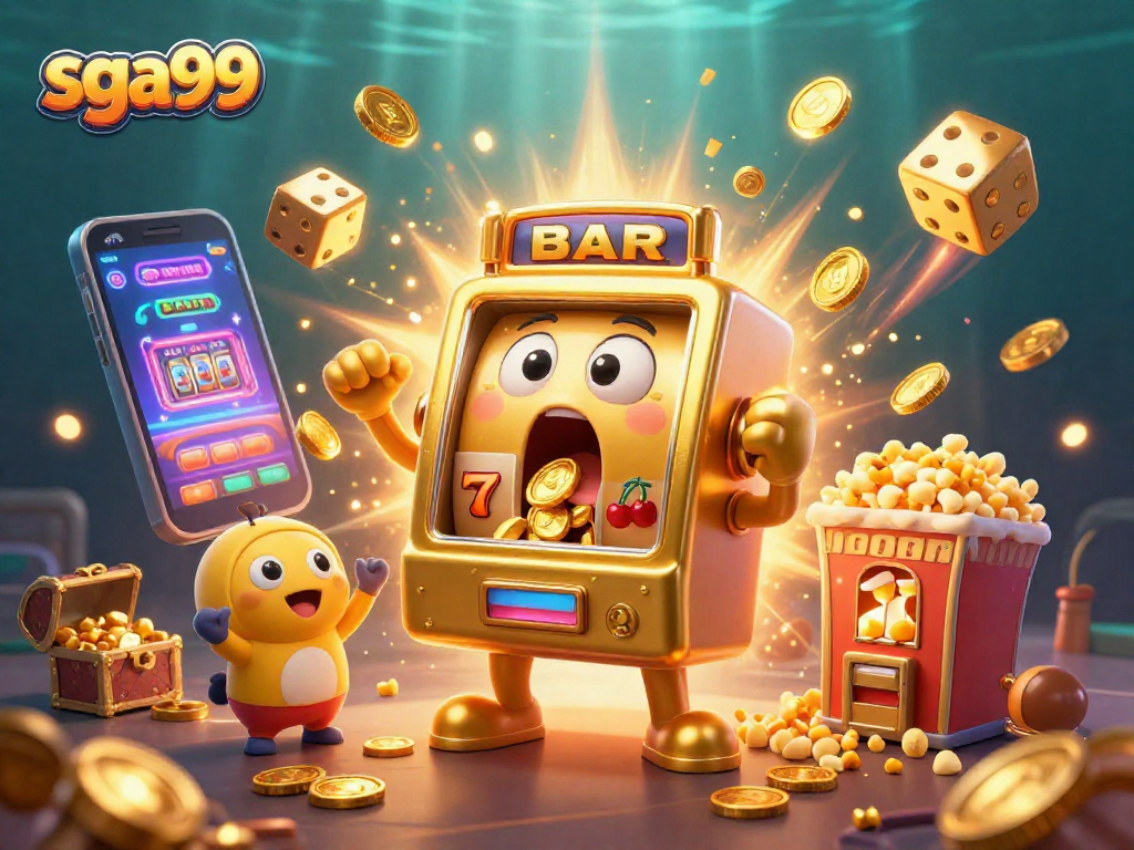 Experience excitement with the sga99 slot machine hitting the jackpot amidst a vibrant casino scene.