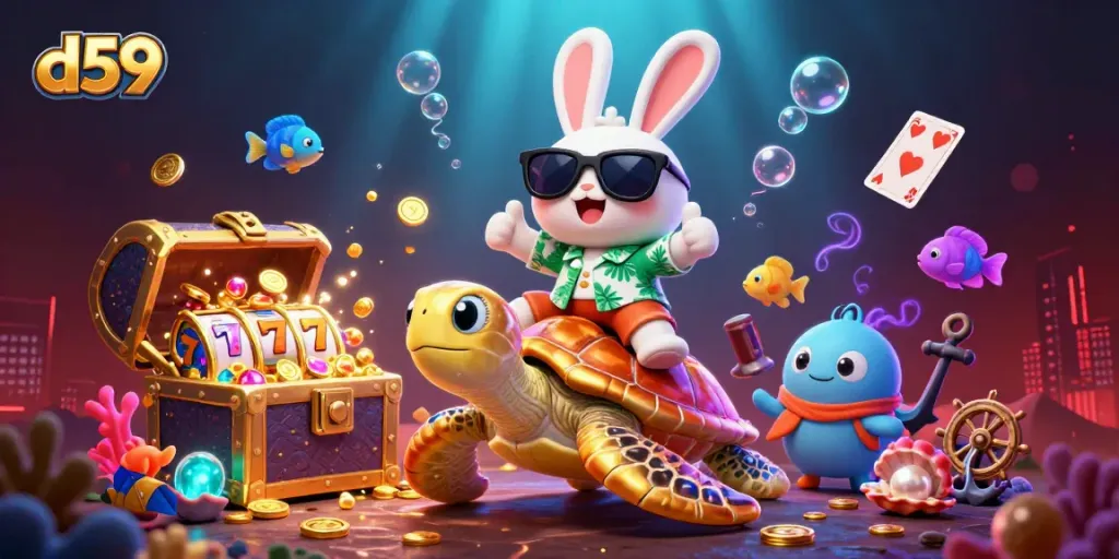 Engage with d59's thrilling slots as a lucky rabbit rides a golden turtle amidst colorful treasures.