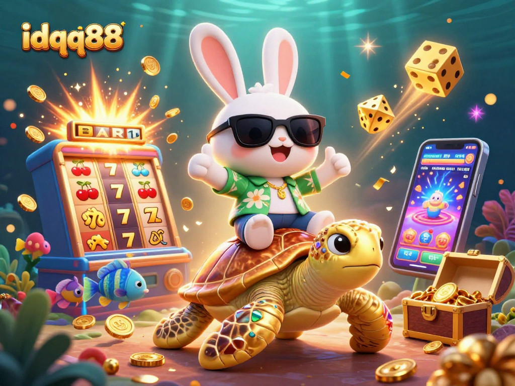 Experience excitement at idqq88 with a vibrant casino-themed illustration showcasing winning moments and fun.