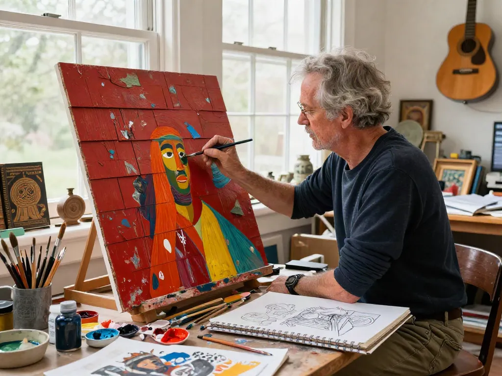 Bruce Bailey Toronto creating art on weathered red cedar shingles in a vibrant studio