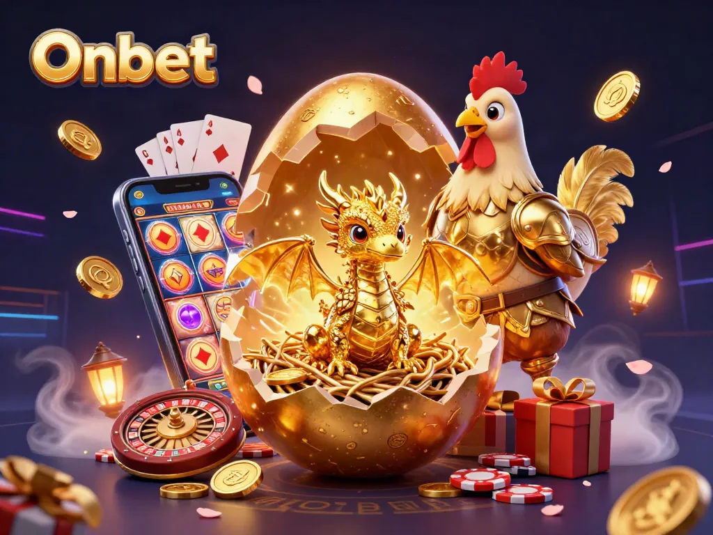 Experience Onbet's world with a golden dragon amidst poker chips and colorful slot games.