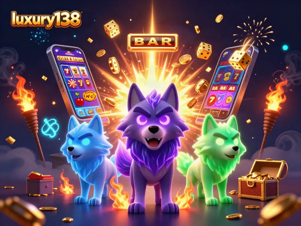 Permainan kasino luxury138 dengan pemimpin serigala dan teman hantu mengelilingi slot mesin berhadiah, banyak elemen permainan menarik.