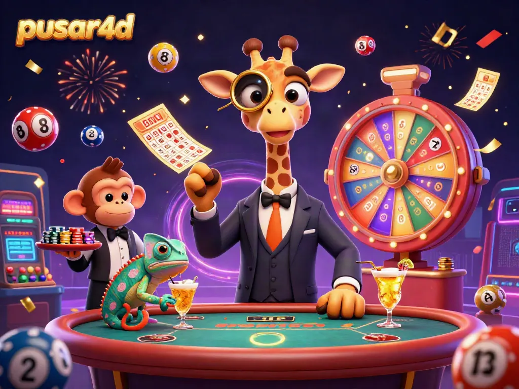Experience exciting gaming at pusar4d with a vibrant 3D casino scene featuring colorful lottery balls and lively characters.